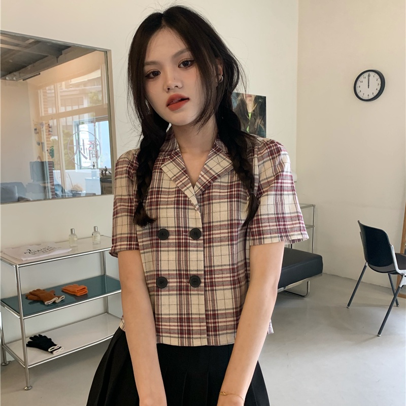 yikoo-Kemeja kotak-kotak kerah retro korea lengan pendek wanita