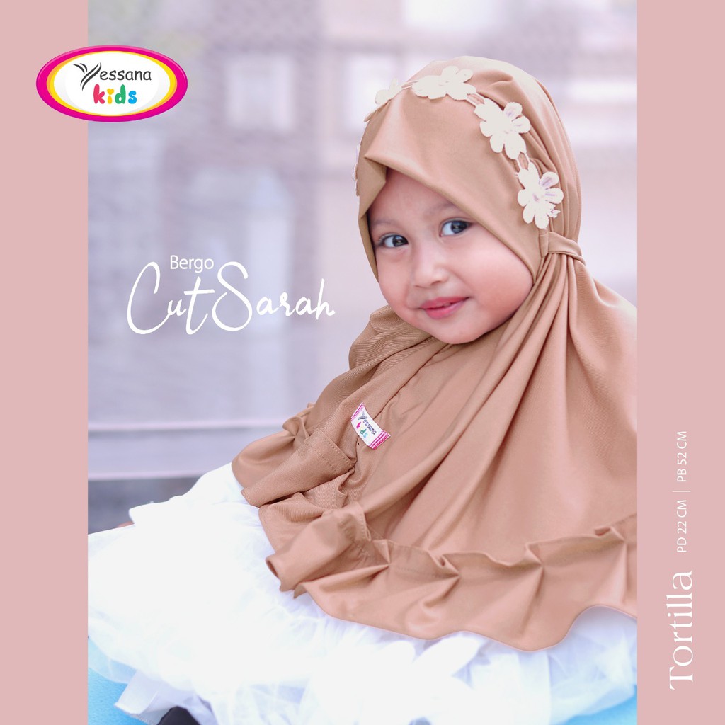 BERGO CUT SARAH hijab kids anak tali belakang aksen bunga Yessana bahan stella Ori Murah
