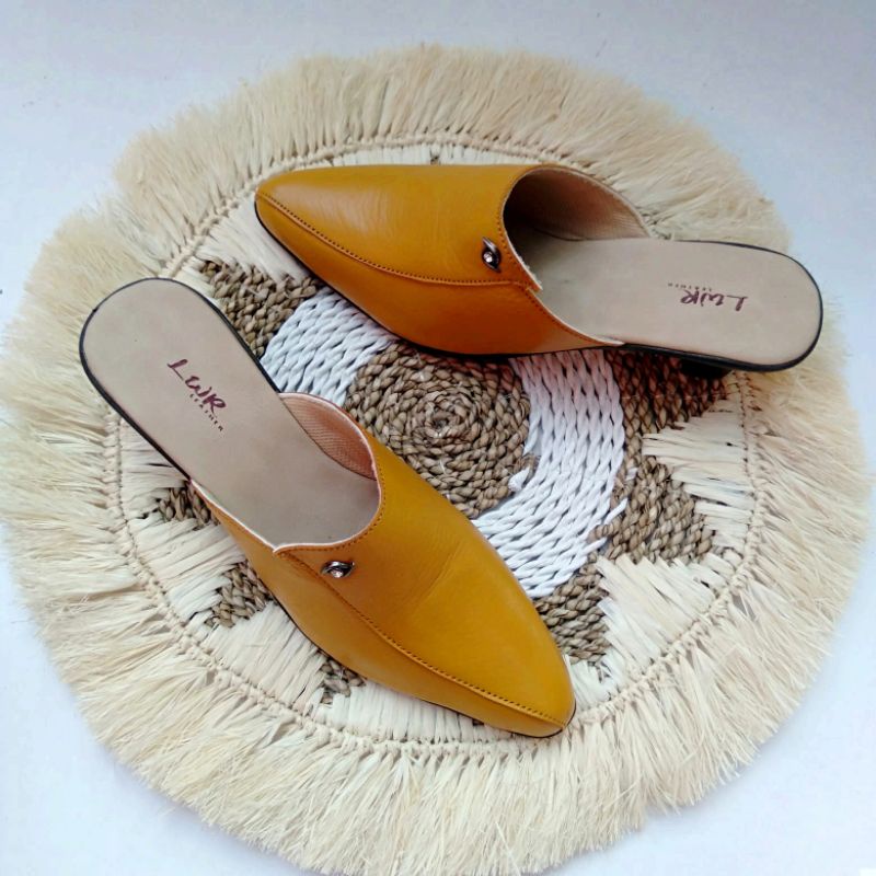 Sepatu Sandal Bustong wanita asli kulit handmade bandung warna kuning lemon dan ungu