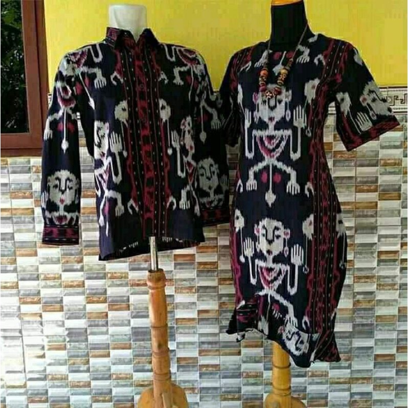 couple dress midi duyung dan kemeja lengan panjang motif Asmat dayak