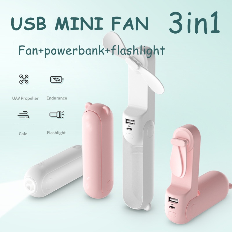 USB Fan New Kipas angin mini +  4800 mAh Power bank + Flash light 3in1 Portable Fan Mini Fans Usb Rechargeable Pocket Desk Handheld Fan - Pink, White