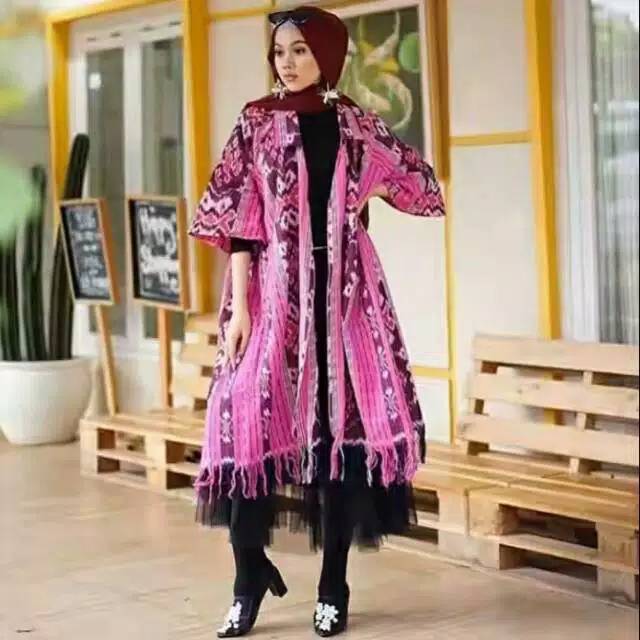 Cardigan tenun motif maoumere pink + free makser tenun