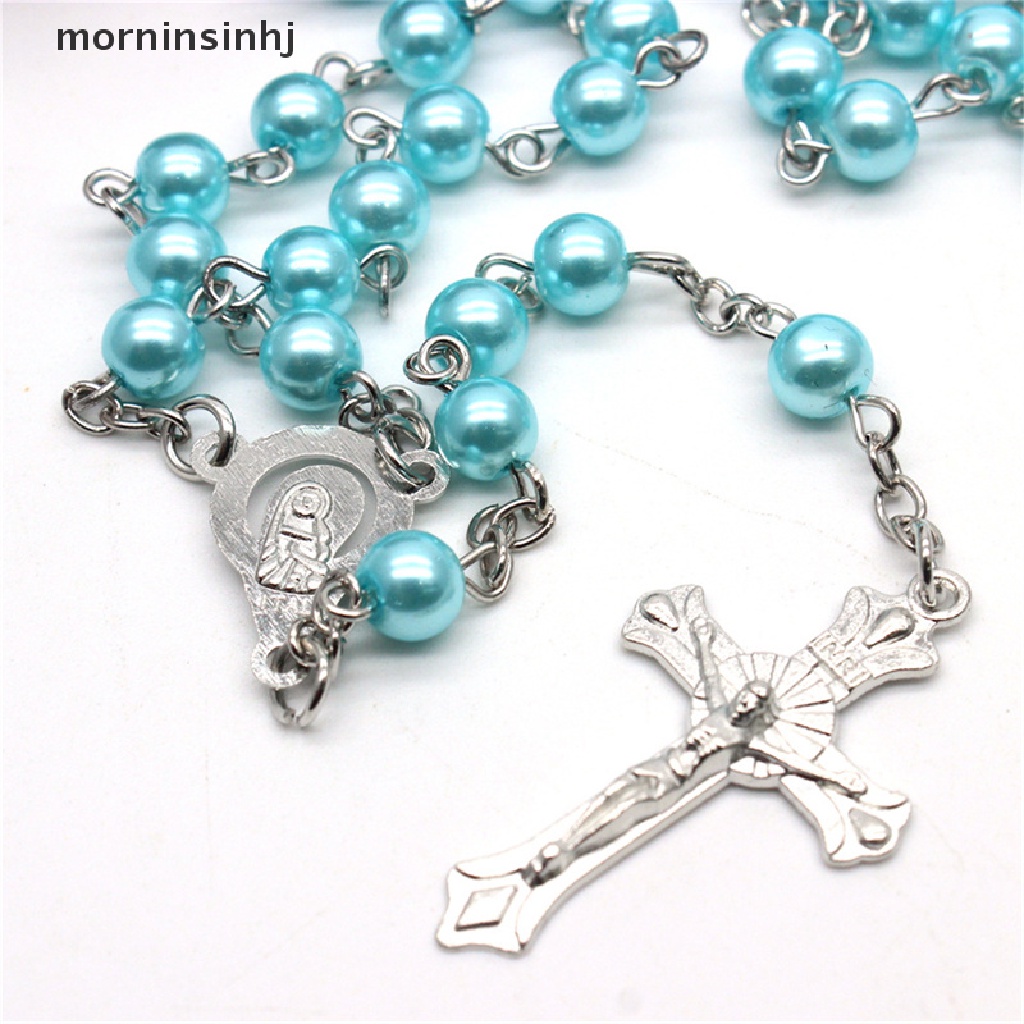 Mor Kalung Rosario Desain Manikmanik Mutiara Imitasisalib Yesus 6mm Gaya Katolik Untuk Pria