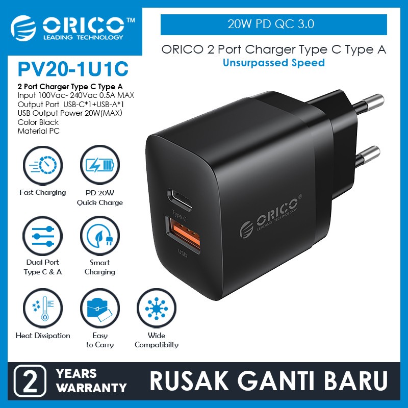 ORICO PV20-1U1C 2 Port Charger Type C Type A 20W PD QC 3.0