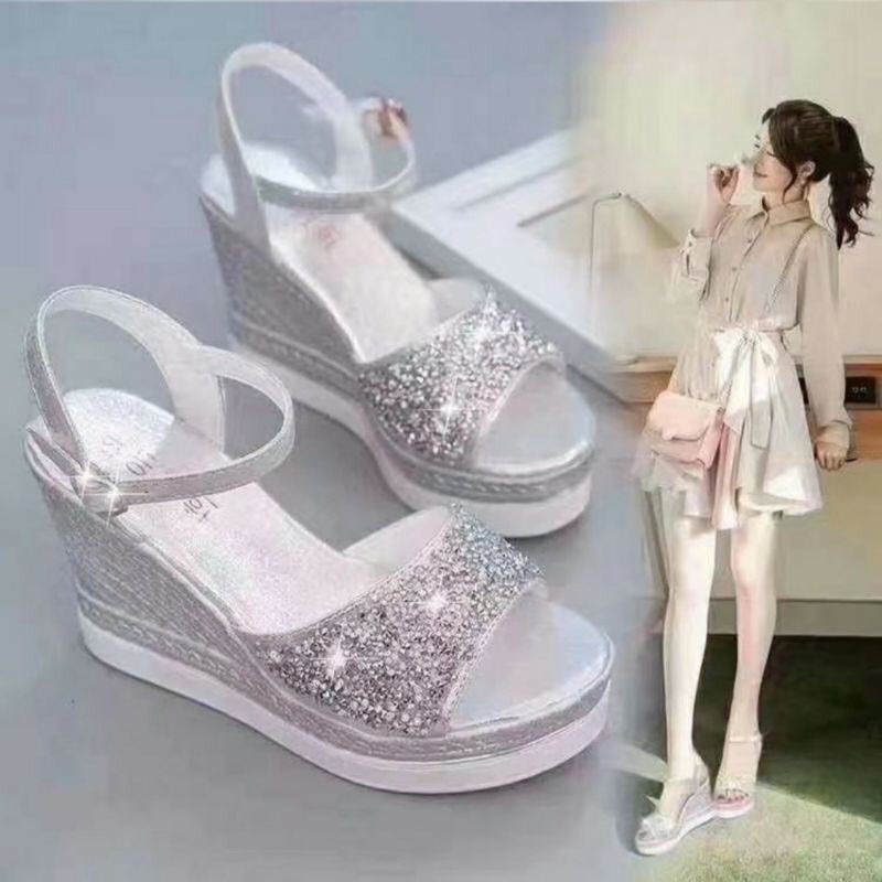 WG01 SEPATU SANDAL WEDGES RINGAN IMPORT WANITA KOREA PESTA PARTY ORIGINAL AKSEN GLITTER