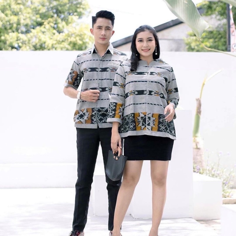 Setelan couple blouse kemeja pria wanita original tenun etnik lombok - silver