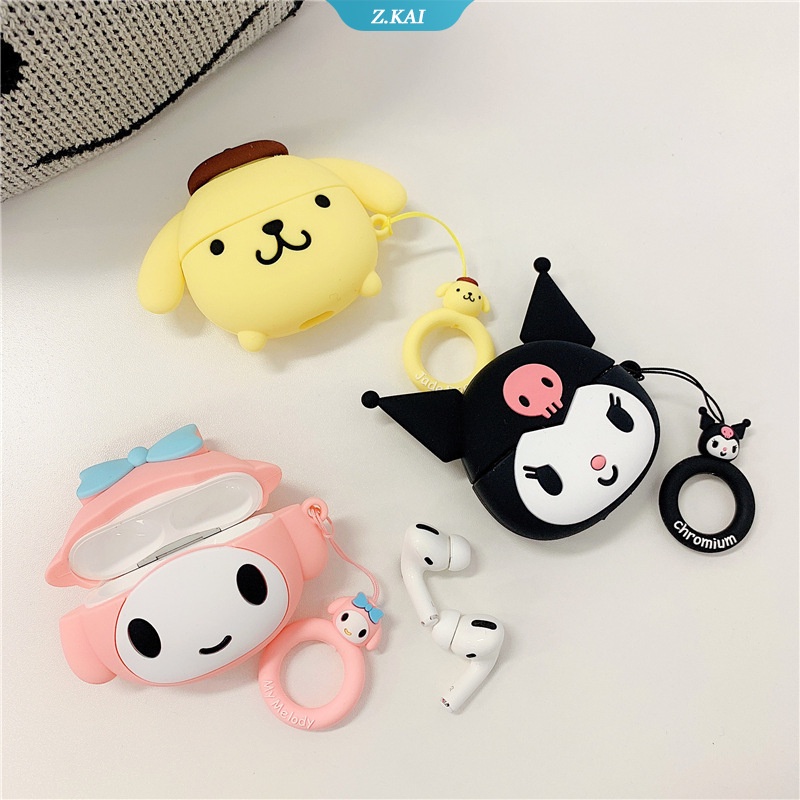 Casing Silikon Motif Kartun Sanrio Kuromi Pom Purin + Gantungan Kunci Untuk Simpan Earphone Wireless Bluetooth AirPods 1 / 2 / 3pro