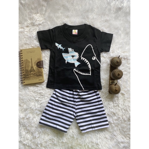 SETELAN ANAK COWOK KARAKTER SHARK HIU CUTE ALL SIZE 6 BULAN -3 TAHUN PAKAI