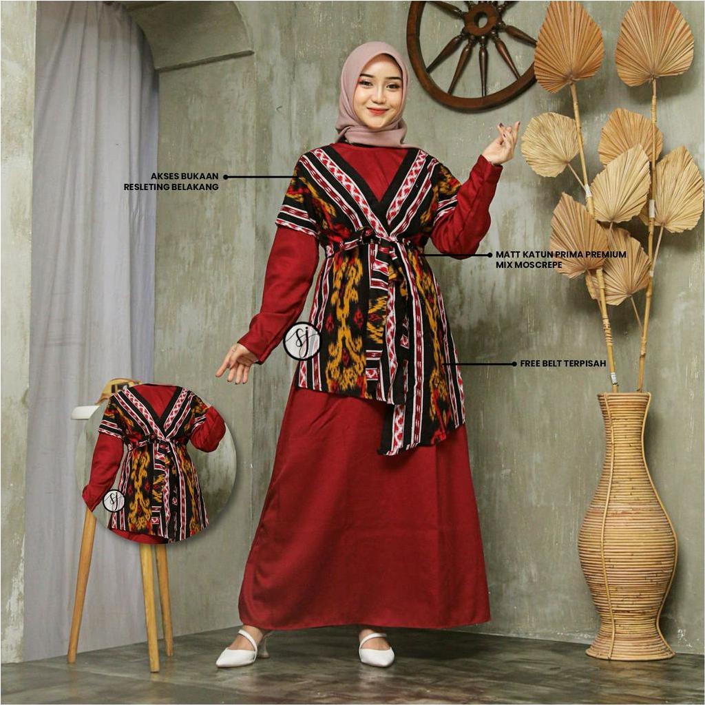 Saroja | Couple Keluarga Gamis Kombinasi motif Songket Satu Maroon