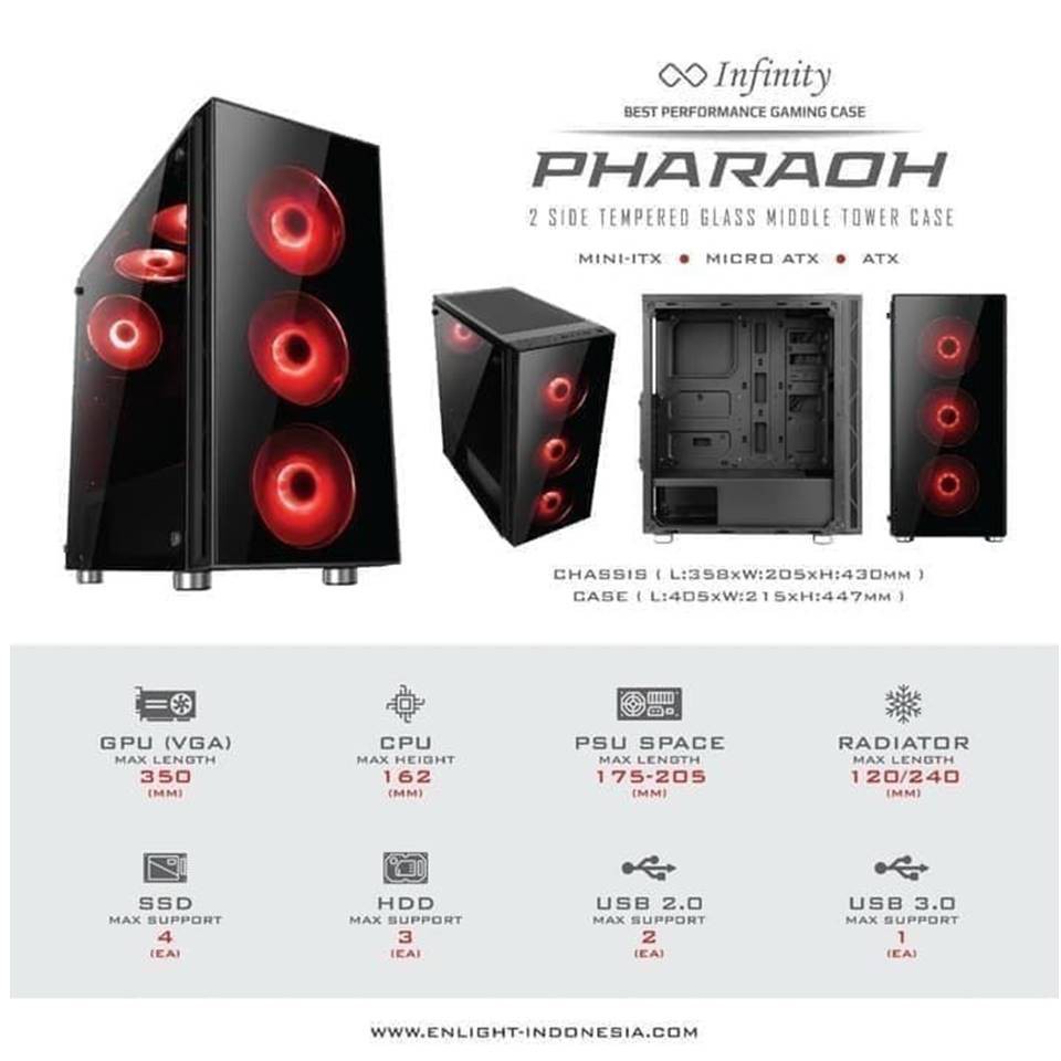 CASING PC GAMING INFINITY PHARAOH + 3 FAN RGB -TEMPERED GLASS-ATX&amp;mATX