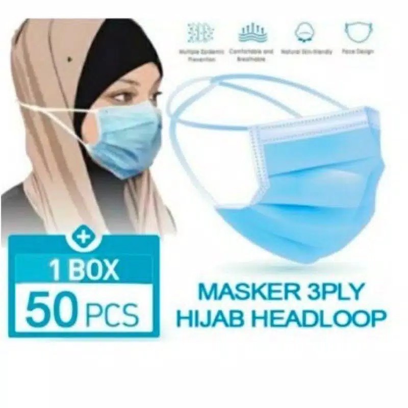 Masker 3ply Headloop 3 ply masker Hijab disposable mask 1 box isi 50pcs