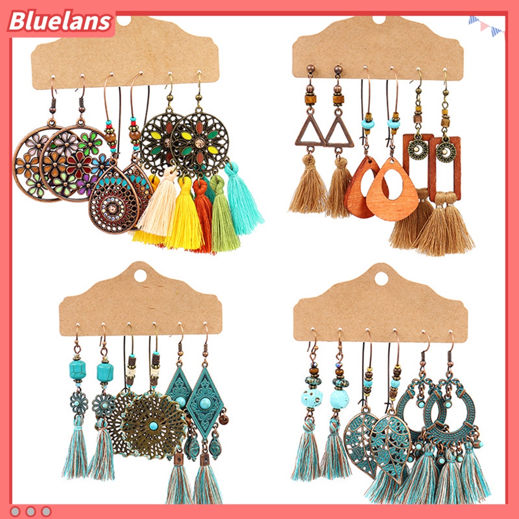 Bluelans 3 Pasang Anting Kait Gantung Wanita Desain Geometri Hias Rumbai Bahan Alloy Gaya Bohemian