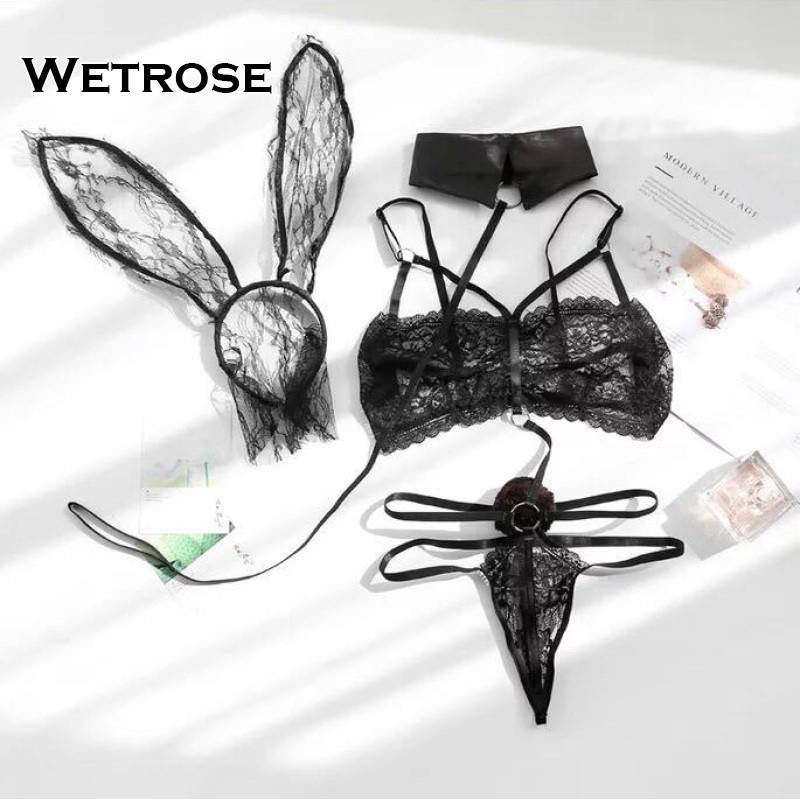 【Wetrose】Set Lingerie Bunny Girl Cosplay Costume Lace Tembus Pandang Bando Telinga Kelinci Untuk Wanita