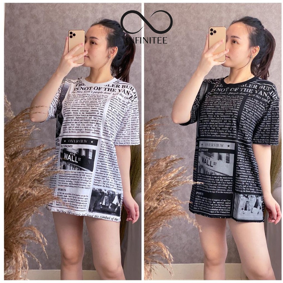 Kaos Oversize Wanita Katun Newspaper Koran Over size Oversized