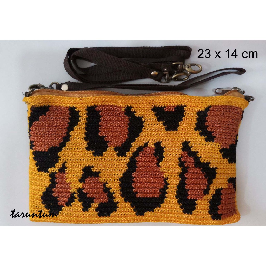DOMPET RAJUT TAS SELEMPANG RAJUT MOTIF MACAN TUTUL