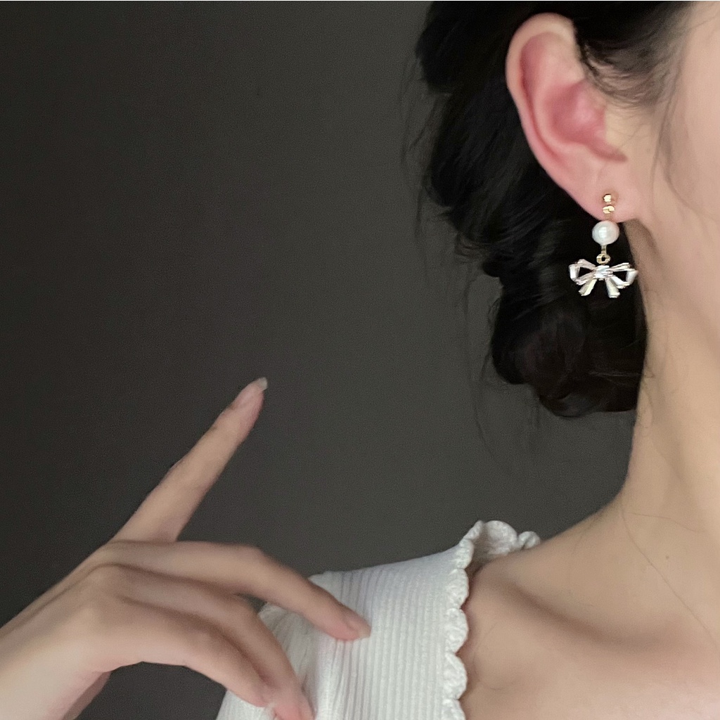 2022 Anting Tusuk Desain Pita Hias Mutiara Air Tawar Untuk Wanita