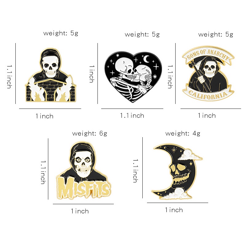 Bros Pin Enamel Desain Kartun Tengkorak Mawar Hati Kucing Penyihir Gaya Punk Gothic Untuk Halloween