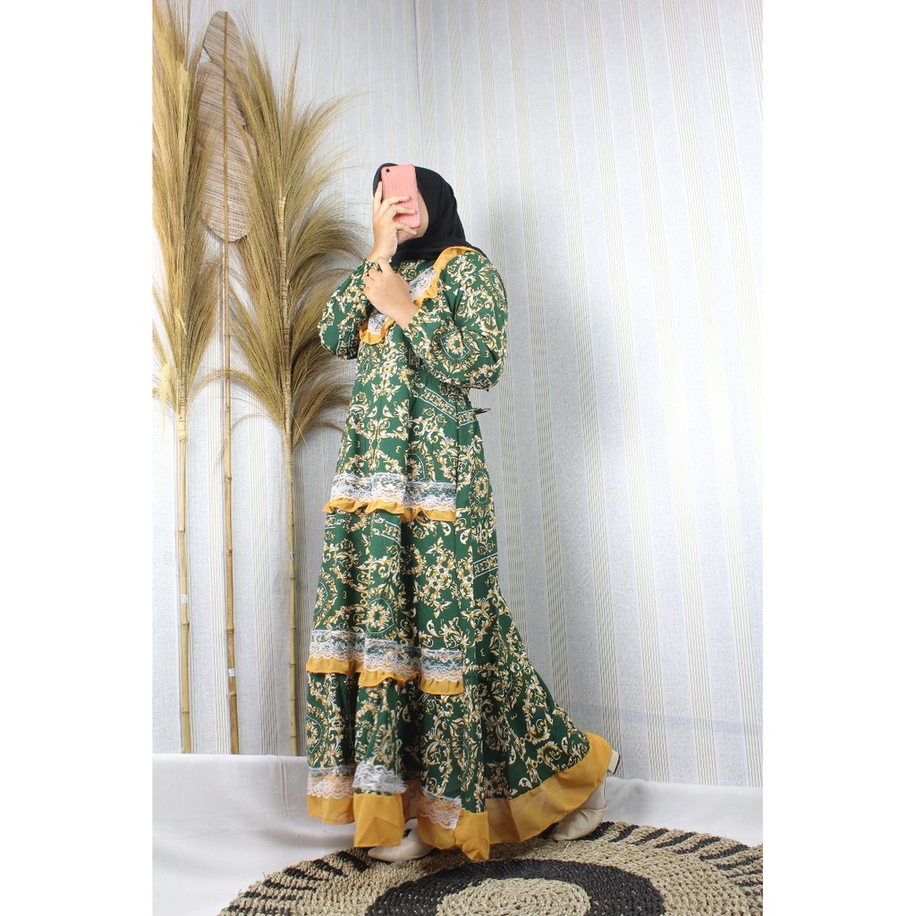 Dress wolfis MOTIF printing MONALISA sultan renda serut terbaru