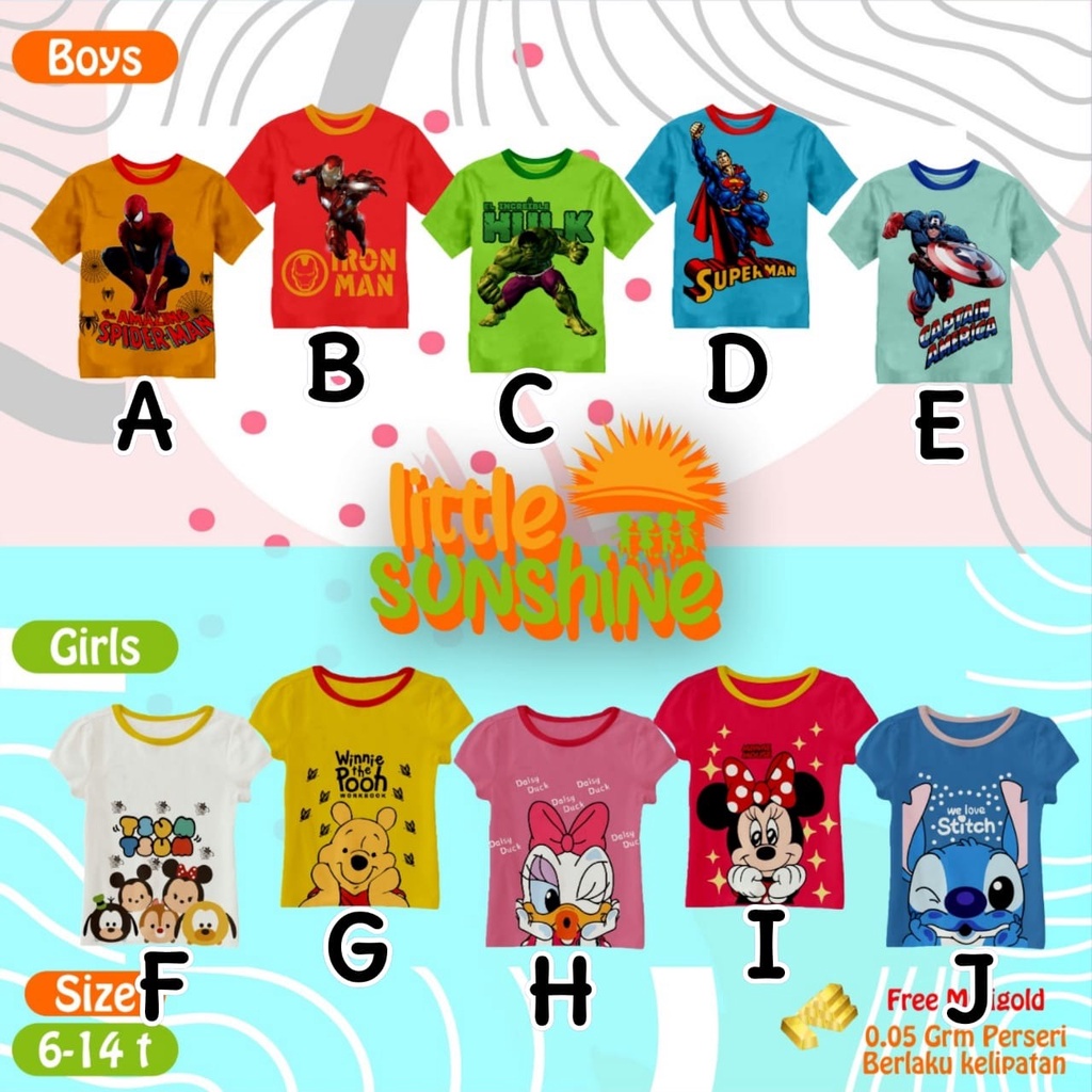 KAOS ANAK MOTIF KARTUN HERO DAN GIRLY USIA 6-14 TAHUN