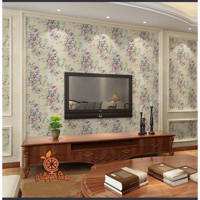 WALLPAPER STIKER DINDING CREAM BUNGA MAWAR PINK CY