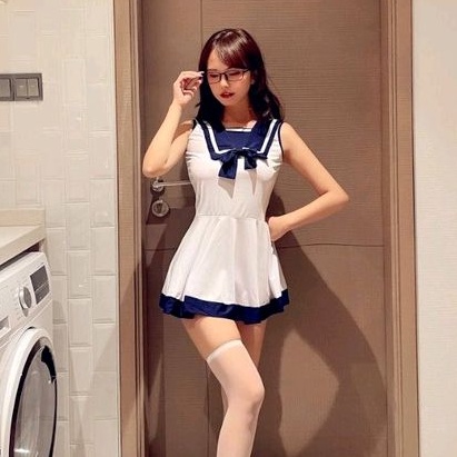 PREMIUM Terusan Seragam Sailor Sekolah Jepang Model Dress Putih Pita Cosplay Seifuku