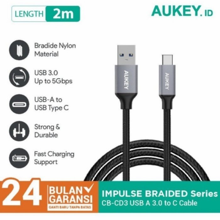 Kabel Data Aukey Cable CB-CD3 2M Braided Type C USB 3.0