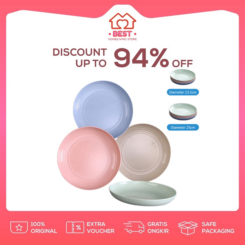 Piring Makan Isi 4 Saji Serbaguna Diameter 23 dan 25 cm Warna Pastel Bahan Wheat Straw Bulat Plate