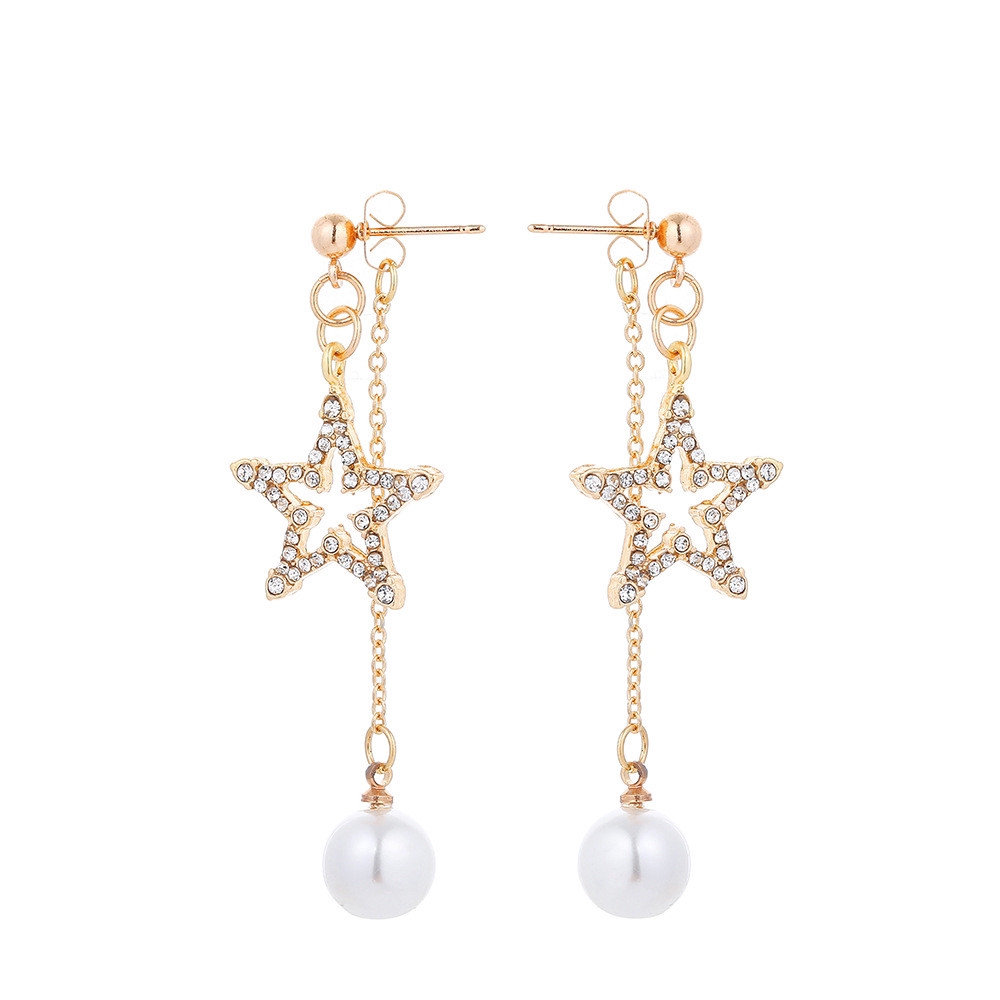 [Bayar Di Tempat] Korea style woman sweet Star Pearl gold earring dangle Tassel Anting studs jewelry-5