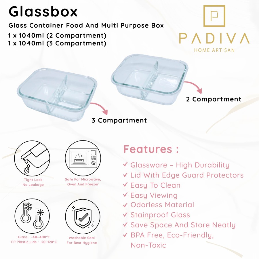 Padiva 1040ml Silver Gray Mix 2+3compartments Crystal Glassbox - Kotak kaca tahan panas microwave tempat bekel glass box