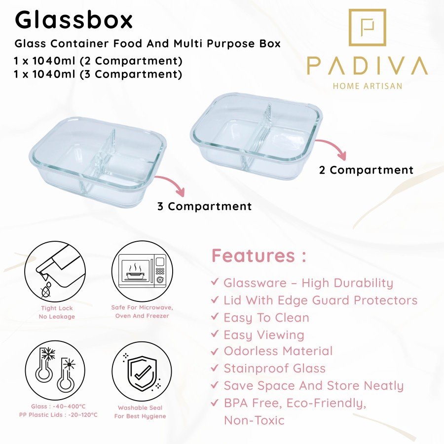 Padiva 1040ml Gold Mix 2+3compartments Crystal Glassbox - Kotak kaca tahan panas microwave tempat bekel glass box