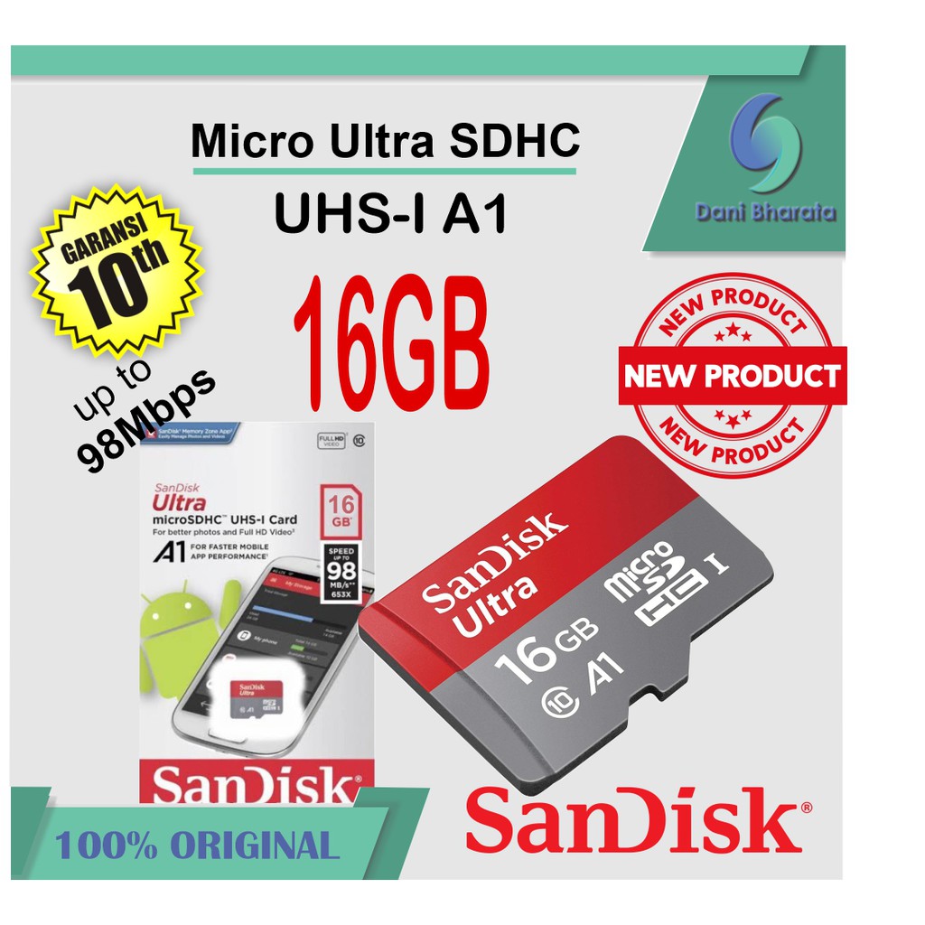 SanDisk Ultra Micro SD Card 16GB UHS-I A1 up to 98Mbps memory card GARANSI RESMI