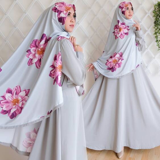 TERLARIS set gamis wolpeach polos grey gamis & khimar baju syari busui maxmara