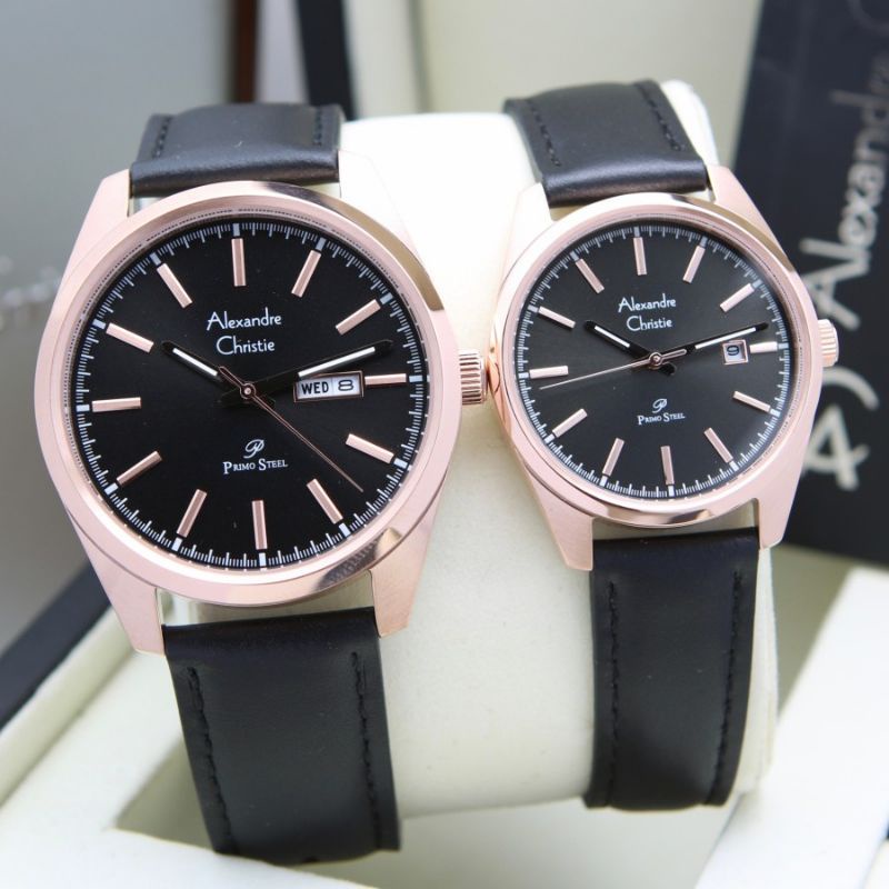 JAM TANGAN COUPLE ALEXANDER CHRISTIE AC 1025 BLACK ROSEGOLD KULIT ORIGINAL