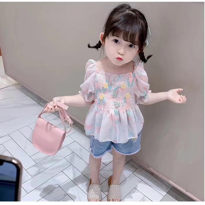 Kaos Chiffon Bunga Pink/Biru Anak Perempuan Korea Fashion Lengan Pendek