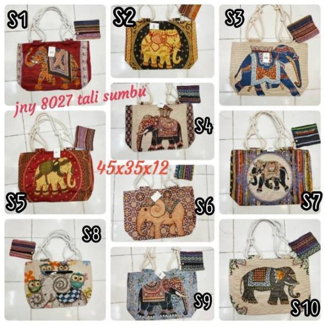 TOTE BAG KANVAS IMPORT - TAS THAILAND MOTIF GAJAH - HADIAH SOUVENIR UNIK TALI SUMBU TAS IMPORT