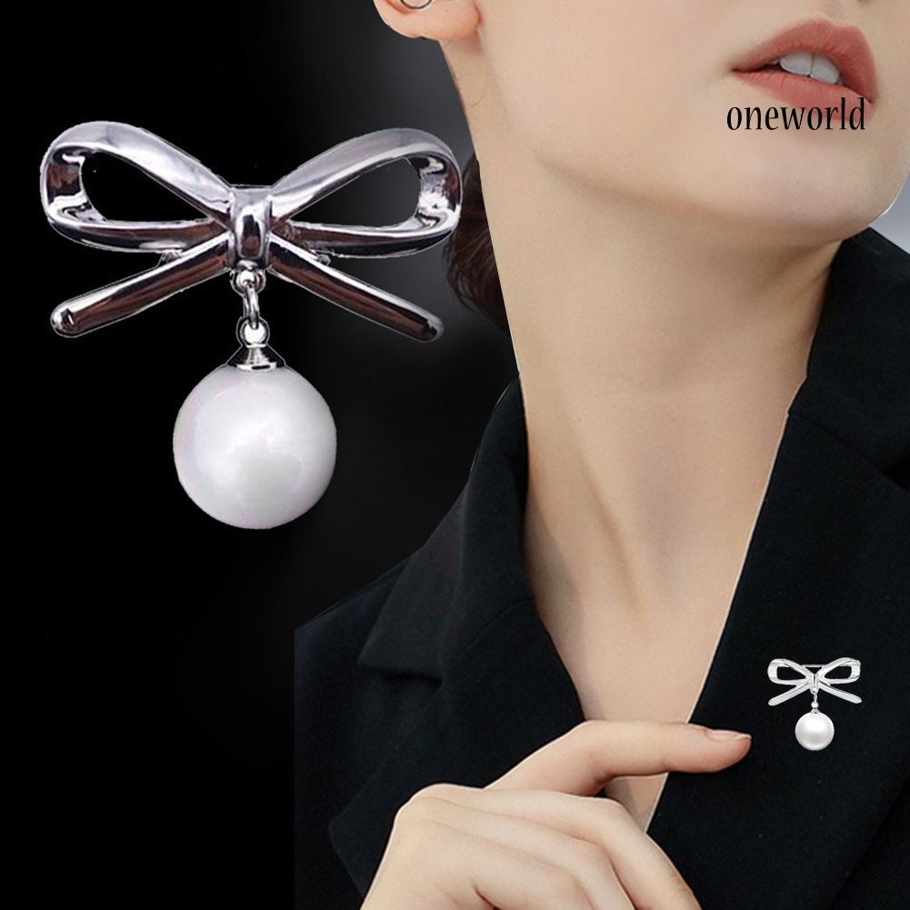 OW@ 2Pcs Women Lady Fashion Bowknot Big Faux Pearl Alloy Brooch Pins Jewelry Gift