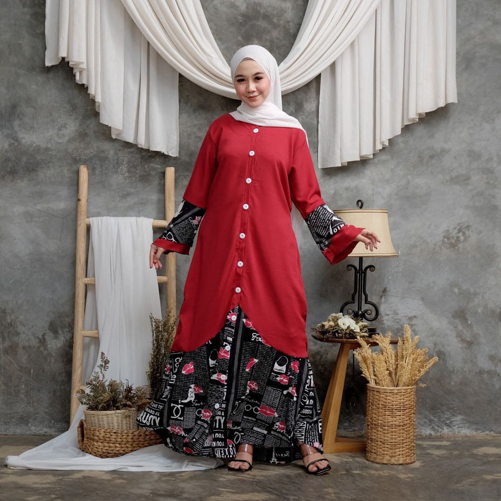 Gamis Koran Duyung - Gamis Terbaru Rayon Kombinasi Shakila Dress Wanita Lengan Terompet Susun Baju Wanita Kekinian