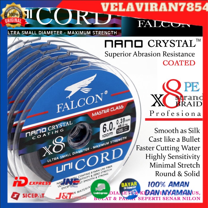 [[BISA COD}} Senar Pancing PE X8 Falcon Uni Cord Nano Crystal Coated 100M Connectin - Hitam, PE 3.0