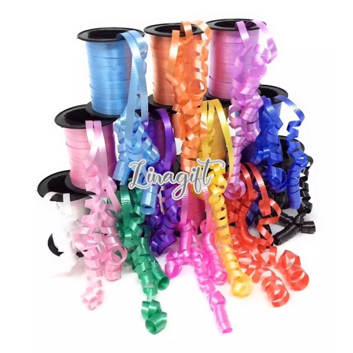 ( Rol 100 Yard ) PITA JEPANG POLOS 0.5 CM - CURLY RIBBON UNTUK PENGIKAT BALON ATAU HIASAN KADO HAMPERS SOUVENIR GOODIE BAG / DEKORASI RUANGAN PESTA - WARNA DIKIRIMKAN RANDOM