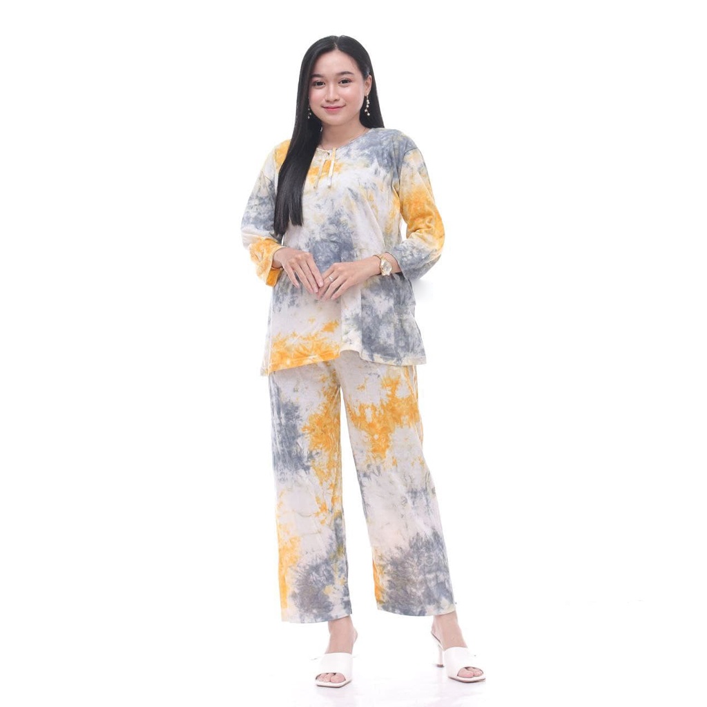 [HANDMADE] Setelan Baju Tidur Piyama Motif Tiedye Wanita Dewasa Lengan Panjang Bahan Kaos Adem Jumbo