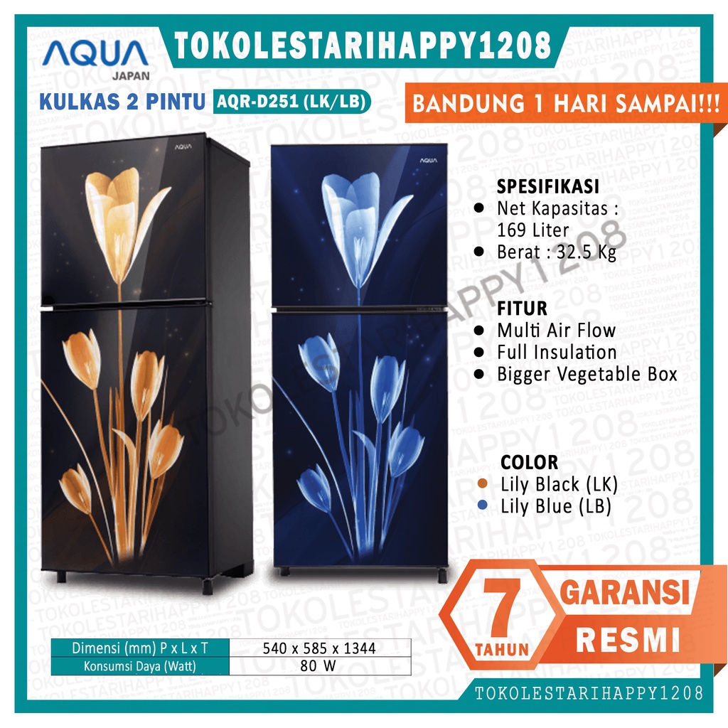 KULKAS 2 PINTU AQUA SANYO JAPAN AQR-D251 LK/LB LUAR BANDUNG KARGO MURAH GARANSI RESMI
