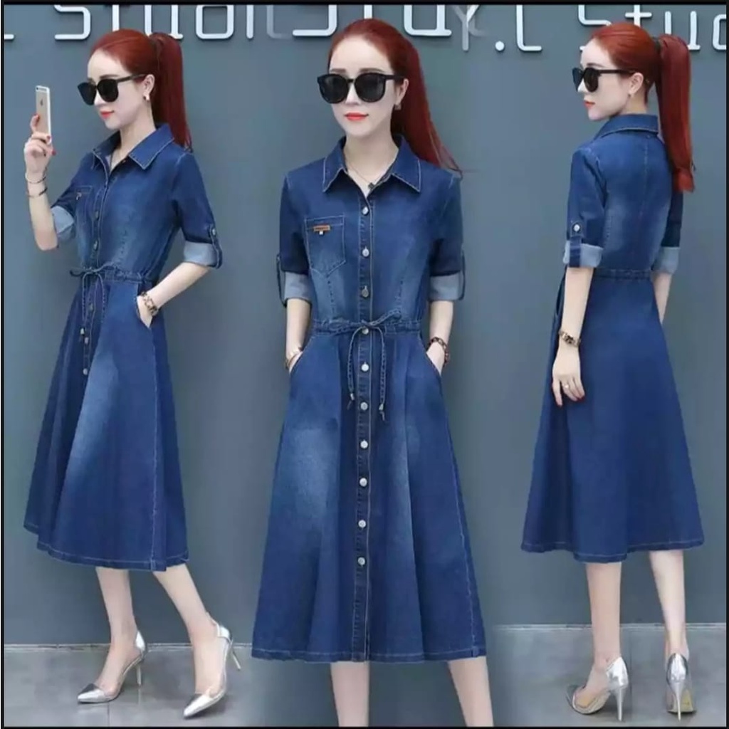 Dress Jeans Polos Wanita Lengan Panjang