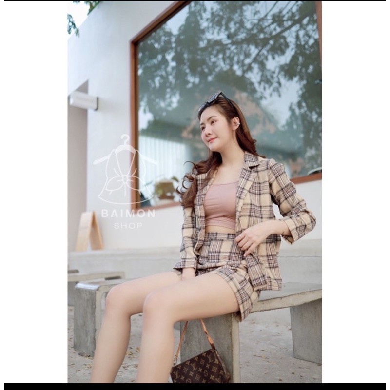 BEFAST - ZEC OOTD Wanita Setelan HINANO / Set Riley / Setelan Wanita Terbaru / Set Motif Kotak-Kotak / Setelan Kekinian / Set Lengan Panjang + Celana Pendek / Setelan Terbaru 2021 / Setelan Blazer Kotak Lengan Panjang Celana Pendek Wanita / KOREAN SET