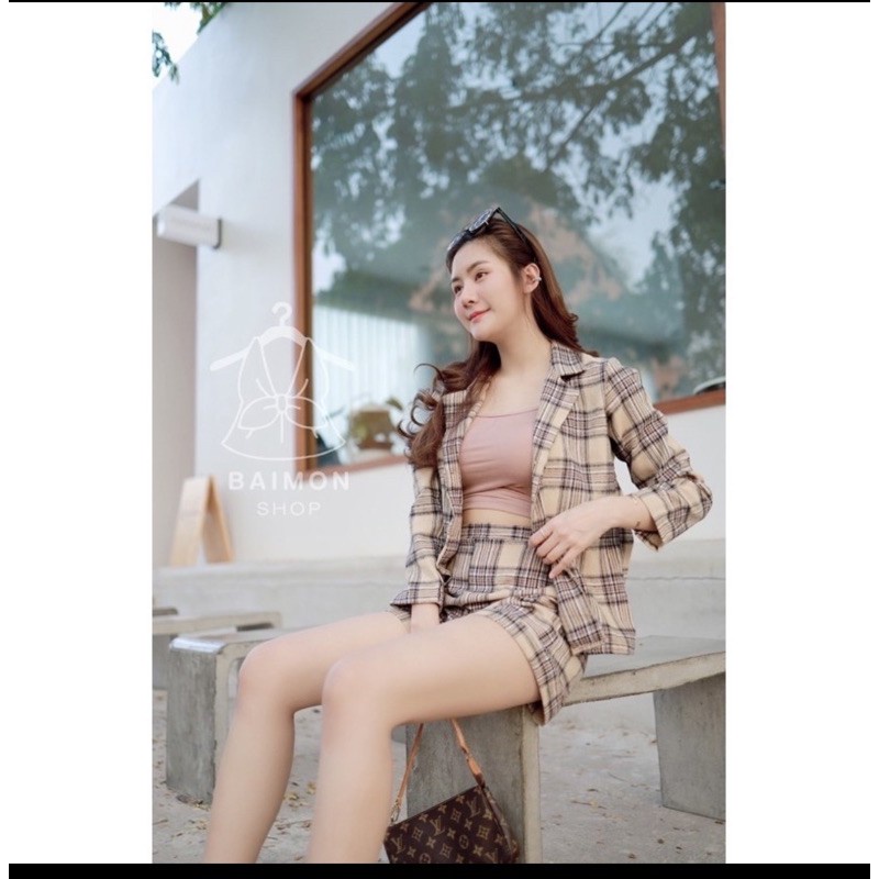 BEFAST - ZEC OOTD Wanita Setelan HINANO / Set Riley / Setelan Wanita Terbaru / Set Motif Kotak-Kotak / Setelan Kekinian / Set Lengan Panjang + Celana Pendek / Setelan Terbaru 2021 / Setelan Blazer Kotak Lengan Panjang Celana Pendek Wanita / KOREAN SET