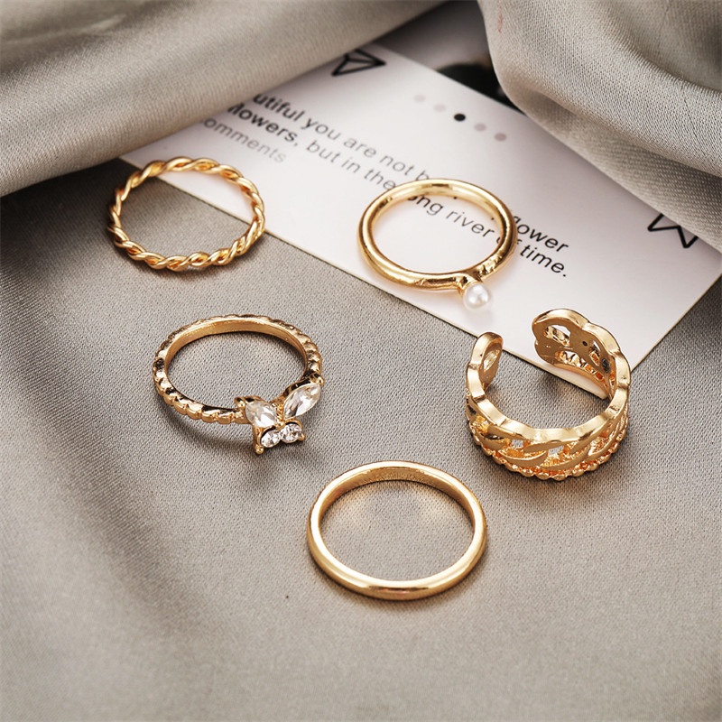 5pcs / Set Cincin Model Rantai Terbuka Desain Kupu-Kupu Aksen Mutiara Untuk Wanita