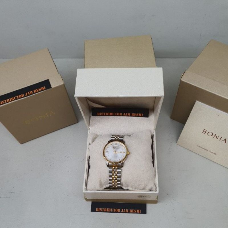 Jam Tangan Pria Bonia Rosso BNB10255-1112 Silver Gold Dial White Stainless Quartz
