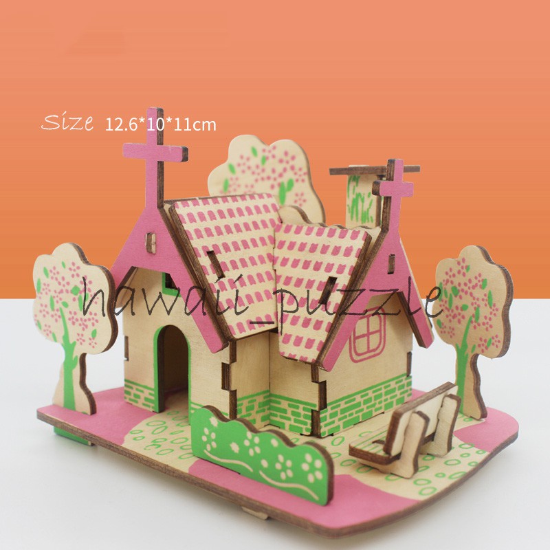 Puzzle 3D DIY bahan kayu model AMERIC COUNTRY COTTAGE / Rumah minimalis mainan puzzle edukasi anak