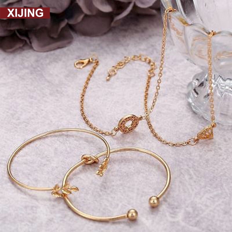 4pcs / Set Gelang Bangle Model Terbuka Dapat Disesuaikan Desain Daun Simpul Warna Emas