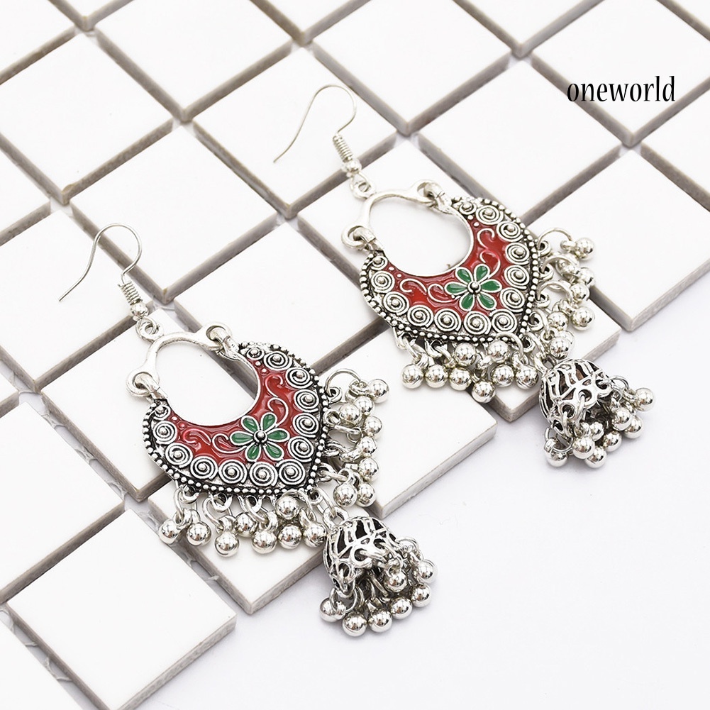 OW@ Retro Bohemian Women Flower Round Balls Tassel Dangle Hook Earrings Jewelry