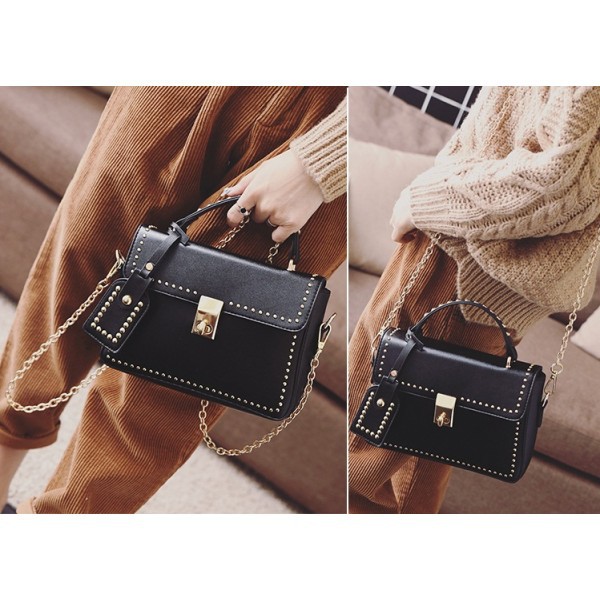 tas selempang mini wanita imut import hitam polos sederhana rante emas